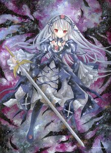 Rating: Safe Score: 0 Tags: 1girl black_wings detached_collar dress feathers flower frills hairband holding image lolita_hairband long_hair long_sleeves looking_at_viewer red_eyes ribbon rose silver_hair solo suigintou sword traditional_media weapon wings User: admin