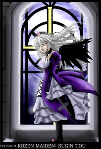 Rating: Safe Score: 0 Tags: 1girl black_wings choker dress flower frills hairband image long_hair long_sleeves looking_at_viewer puffy_sleeves silver_hair solo suigintou wings User: admin