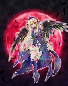 Rating: Safe Score: 0 Tags: 1girl black_feathers black_wings blonde_hair boots breasts feathered_wings feathers frills image lolita_hairband long_hair looking_at_viewer moon red_eyes smile solo suigintou thighhighs wings User: admin