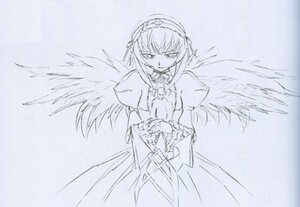 Rating: Safe Score: 0 Tags: 1girl blue_theme dress eyebrows_visible_through_hair feathered_wings frills holding image juliet_sleeves long_sleeves looking_at_viewer monochrome simple_background solo standing suigintou wings User: admin