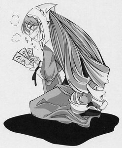 Rating: Safe Score: 0 Tags: 1girl apron blush greyscale image long_hair long_sleeves maid monochrome sitting smile solo steam suiseiseki very_long_hair User: admin