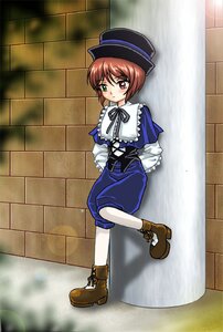 Rating: Safe Score: 0 Tags: 1girl against_wall blue_dress blush boots brick_wall brown_footwear brown_hair dress frills full_body green_eyes hat heterochromia image long_sleeves looking_at_viewer pantyhose red_eyes ribbon short_hair sitting solo souseiseki User: admin