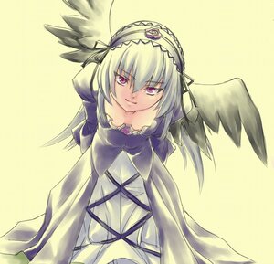 Rating: Safe Score: 0 Tags: 1girl black_wings breasts detached_collar dress frills hairband image lolita_hairband long_hair long_sleeves looking_at_viewer pink_eyes rose silver_hair simple_background smile solo suigintou wings yellow_background User: admin