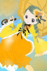 Rating: Safe Score: 0 Tags: 1girl black_eyes dress drill_hair flower frills green_hair holding_umbrella image kanaria long_sleeves open_mouth parasol ribbon rose solo twin_drills twintails umbrella yellow_dress User: admin