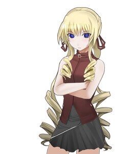 Rating: Safe Score: 0 Tags: 1girl blonde_hair blue_eyes blush chemical-x cowboy_shot crossed_arms drill_hair image long_hair looking_at_viewer older ringlets rozen_maiden shinku skirt sleeveless solo twin_drills User: admin