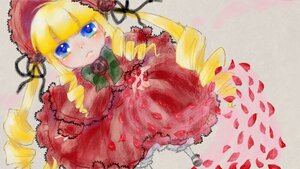 Rating: Safe Score: 0 Tags: 1girl blonde_hair blue_eyes blush bonnet bow bowtie dress drill_hair flower green_bow image long_hair long_sleeves looking_at_viewer petals red_dress rose shinku shoes simple_background solo standing twin_drills twintails very_long_hair User: admin