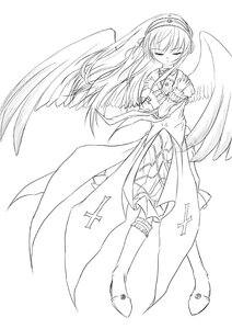 Rating: Safe Score: 0 Tags: 1girl angel_wings bare_shoulders boots closed_eyes dress feathered_wings full_body gloves greyscale image long_hair monochrome simple_background solo suigintou thighhighs white_background wings User: admin
