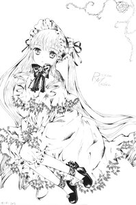 Rating: Safe Score: 0 Tags: 1girl bow dress flower full_body greyscale image long_hair looking_at_viewer monochrome shinku sitting solo striped twintails very_long_hair User: admin