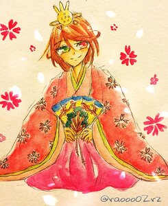 Rating: Safe Score: 0 Tags: crown heterochromia image japanese_clothes kimono red_eyes sitting smile solo souseiseki traditional_media watercolor_(medium) User: admin