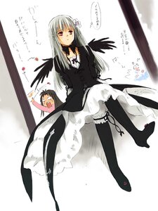 Rating: Safe Score: 0 Tags: 1girl black_wings dress feathered_wings feathers flower frills image long_hair long_sleeves silver_hair solo suigintou wings User: admin