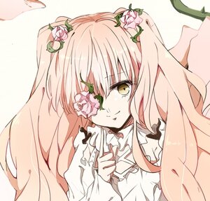 Rating: Safe Score: 0 Tags: 1girl flower hair_ornament image kirakishou leaf long_hair looking_at_viewer pink_flower pink_hair pink_rose plant rose smile solo yellow_eyes User: admin