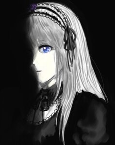 Rating: Safe Score: 0 Tags: 1girl bangs black_ribbon blue_eyes closed_mouth detached_collar dress frills gothic_lolita hairband image lolita_fashion lolita_hairband long_hair looking_at_viewer ribbon simple_background solo suigintou upper_body User: admin