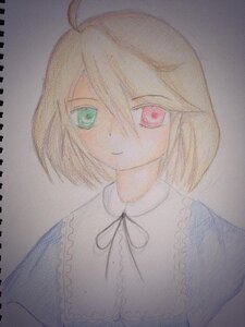 Rating: Safe Score: 0 Tags: 1girl ahoge closed_mouth green_eyes image looking_at_viewer red_eyes short_hair simple_background smile solo souseiseki texture traditional_media upper_body watercolor_(medium) User: admin