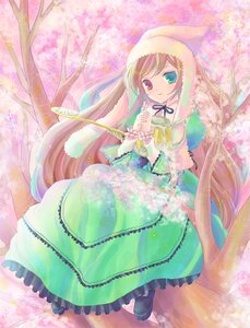 Rating: Safe Score: 0 Tags: 1girl brown_hair cherry_blossoms dress frills full_body green_dress green_eyes heterochromia image long_hair long_sleeves looking_at_viewer outdoors red_eyes ribbon smile solo suiseiseki tree very_long_hair User: admin
