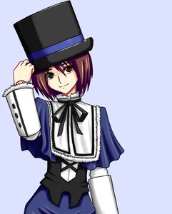 Rating: Safe Score: 0 Tags: 1girl blue_dress brown_hair dress green_eyes hat heterochromia image long_sleeves looking_at_viewer red_eyes ribbon short_hair simple_background smile solo souseiseki top_hat User: admin