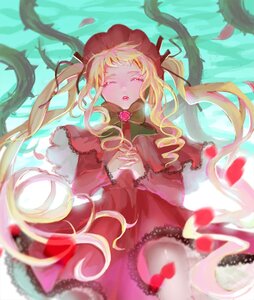 Rating: Safe Score: 0 Tags: 1girl blonde_hair blurry bonnet capelet closed_eyes depth_of_field dress flower image long_hair long_sleeves own_hands_together petals red_capelet red_dress ribbon rose shinku solo twintails very_long_hair User: admin