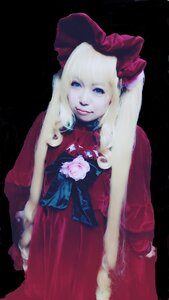 Rating: Safe Score: 0 Tags: 1girl black_background blonde_hair blue_eyes dress flower hat lips looking_at_viewer red_dress rose shinku simple_background solo User: admin