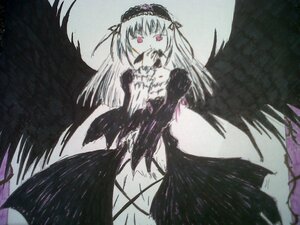 Rating: Safe Score: 0 Tags: 1girl black_dress black_wings covering_mouth dress feathered_wings feathers flower frills hairband image long_hair long_sleeves looking_at_viewer pink_eyes rose simple_background solo suigintou wings User: admin