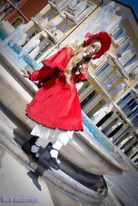 Rating: Safe Score: 0 Tags: 1girl blonde_hair bonnet building doll_joints dress frills hat long_hair photo red_dress shinku shoes solo standing User: admin