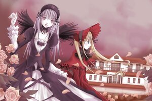 Rating: Safe Score: 0 Tags: 2girls black_wings blonde_hair dress flower frills hairband image long_hair long_sleeves looking_at_viewer multiple_girls pair petals pink_eyes pink_rose red_dress rose shinku silver_hair suigintou white_rose wings User: admin