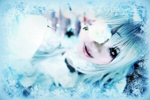 Rating: Safe Score: 0 Tags: 1girl blurry blurry_foreground depth_of_field eyelashes flower kirakishou lips looking_at_viewer makeup monster_girl snowflakes solo white_hair User: admin