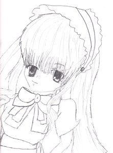 Rating: Safe Score: 0 Tags: 1girl bow bowtie drill_hair greyscale image long_hair long_sleeves looking_at_viewer monochrome ribbon shinku solo striped twin_drills upper_body white_background User: admin