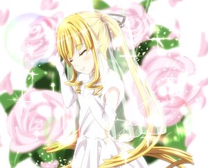 Rating: Safe Score: 0 Tags: 1girl blonde_hair blurry blurry_background blurry_foreground blush closed_eyes depth_of_field dress eyebrows_visible_through_hair flower hair_ribbon image long_hair ribbon shinku smile solo striped twintails very_long_hair white_dress User: admin