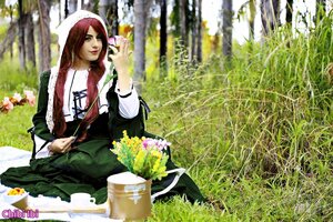 Rating: Safe Score: 0 Tags: 1girl apron braid dress flower grass head_scarf lips long_hair nature outdoors red_hair sitting smile solo suiseiseki watermark User: admin