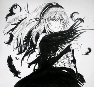 Rating: Safe Score: 0 Tags: 1girl bird bird_on_hand black_feathers crow dove dress feathered_wings feathers floating_hair frilled_sleeves frills greyscale hairband image lolita_hairband long_hair long_sleeves looking_at_viewer monochrome seagull smile solo suigintou traditional_media upper_body white_feathers wings User: admin