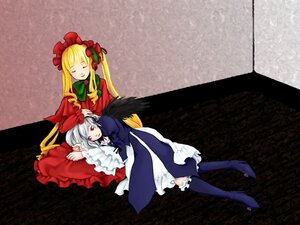 Rating: Safe Score: 0 Tags: 2girls blonde_hair bonnet boots closed_eyes dress frills image knee_boots long_hair long_sleeves lying multiple_girls pair red_eyes shinku silver_hair suigintou wings User: admin