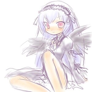 Rating: Safe Score: 0 Tags: 1girl bangs black_ribbon black_wings blush closed_mouth detached_collar dress eyebrows_visible_through_hair feathers frills hairband image long_hair long_sleeves looking_at_viewer pink_eyes puffy_sleeves simple_background sitting smile solo suigintou white_background wings User: admin