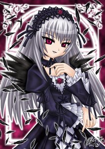 Rating: Safe Score: 0 Tags: 1girl black_ribbon black_wings detached_collar dress feathers flower frilled_sleeves frills hairband image lolita_hairband long_hair long_sleeves looking_at_viewer pink_eyes rose silver_hair smile solo suigintou wings User: admin