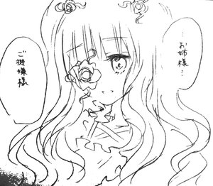 Rating: Safe Score: 0 Tags: 1girl blush flower greyscale hair_flower hair_ornament image kirakishou long_hair monochrome rose simple_background solo speech_bubble upper_body white_background User: admin