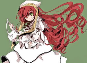 Rating: Safe Score: 0 Tags: 1girl closed_mouth dress frills green_background green_eyes head_scarf heterochromia image juliet_sleeves long_hair long_sleeves looking_at_viewer red_eyes simple_background solo suiseiseki very_long_hair User: admin