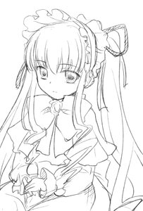 Rating: Safe Score: 0 Tags: 1girl blush dress greyscale image long_hair long_sleeves looking_at_viewer monochrome ribbon shinku simple_background solo twintails upper_body very_long_hair white_background User: admin