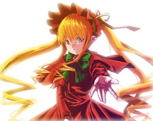 Rating: Safe Score: 0 Tags: 1girl blonde_hair blue_eyes bow bowtie dress flower green_bow green_neckwear image long_hair long_sleeves looking_at_viewer outstretched_arm outstretched_hand red_dress rose shinku simple_background solo striped twintails white_background User: admin