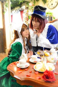 Rating: Safe Score: 0 Tags: 2girls blonde_hair brown_hair cup dress flower food hat lips multiple_cosplay multiple_girls red_rose rose table tablecloth tagme tea teacup teapot top_hat traditional_media User: admin