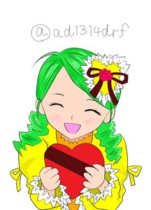 Rating: Safe Score: 0 Tags: 1girl ^_^ blush box chocolate closed_eyes drill_hair gift gift_box green_hair heart heart-shaped_box holding holding_gift image incoming_gift kanaria long_sleeves open_mouth simple_background smile solo striped upper_body valentine white_background User: admin
