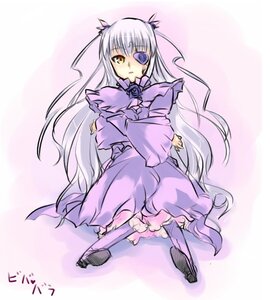 Rating: Safe Score: 0 Tags: 1girl barasuishou dress eyepatch frills full_body image long_hair long_sleeves looking_at_viewer purple_dress rose silver_hair solo very_long_hair yellow_eyes User: admin