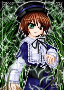 Rating: Safe Score: 0 Tags: 1girl brown_hair dress frills green_eyes hat heterochromia image long_sleeves looking_at_viewer plant red_eyes short_hair smile solo souseiseki suiseiseki top_hat User: admin