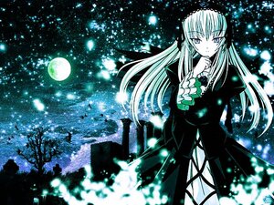 Rating: Safe Score: 0 Tags: 1girl dress full_moon image long_hair long_sleeves monochrome moon moonlight night sky solo standing suigintou User: admin