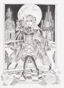 Rating: Safe Score: 0 Tags: 1girl dress flower full_moon graphite_(medium) greyscale hair_ornament image long_hair long_sleeves looking_at_viewer monochrome moon rose solo suigintou thighhighs traditional_media User: admin