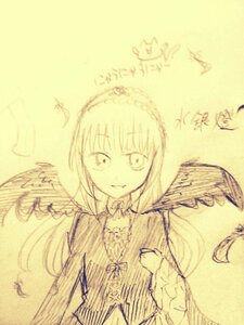 Rating: Safe Score: 0 Tags: 1girl bird dress feathered_wings feathers image long_hair long_sleeves looking_at_viewer monochrome smile solo suigintou upper_body very_long_hair wings User: admin