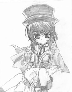 Rating: Safe Score: 0 Tags: 1girl breasts capelet frills greyscale hat image long_sleeves monochrome short_hair sitting solo souseiseki top_hat User: admin