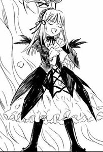 Rating: Safe Score: 0 Tags: 1girl :d boots closed_eyes dress frills greyscale image long_hair long_sleeves monochrome open_mouth smile solo standing suigintou traditional_media wings User: admin