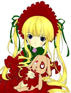 Rating: Safe Score: 0 Tags: 1girl blonde_hair blue_eyes blush bonnet bow bowtie dress flower green_bow image long_hair long_sleeves looking_at_viewer red_dress rose shinku sidelocks simple_background solo twintails very_long_hair white_background User: admin