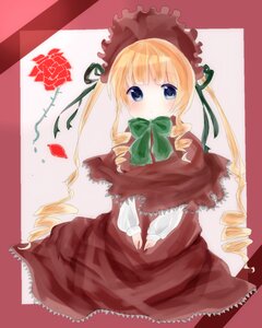 Rating: Safe Score: 0 Tags: 1girl auto_tagged blonde_hair blue_eyes blush bonnet bow bowtie dress drill_hair flower green_bow green_neckwear image long_hair long_sleeves looking_at_viewer ringlets shinku sitting solo twin_drills twintails v_arms User: admin