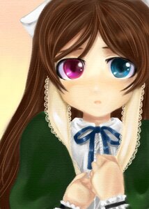 Rating: Safe Score: 0 Tags: 1girl blush brown_hair frills image long_hair looking_at_viewer neck_ribbon ribbon simple_background solo suiseiseki User: admin