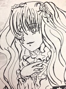 Rating: Safe Score: 0 Tags: 1girl flower hair_flower hair_ornament image kirakishou long_hair monochrome rose smile solo traditional_media upper_body User: admin