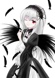 Rating: Safe Score: 0 Tags: 1girl bird black_dress black_feathers black_wings dress feathers frills hairband image long_hair long_sleeves looking_at_viewer one_eye_closed puffy_sleeves red_eyes silver_hair simple_background smile solo suigintou white_background wings User: admin